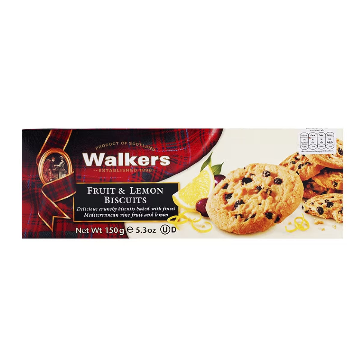 Walkers Fruit and Lemon Biscuit, a pack of confectionery snacks with fruity and citrus-flavored biscuits.
