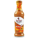 Nandos Peri Peri Medium Sauce bottle from grocery aisle, featuring bright label and cap, ideal for adding spicy flavor to dishes.