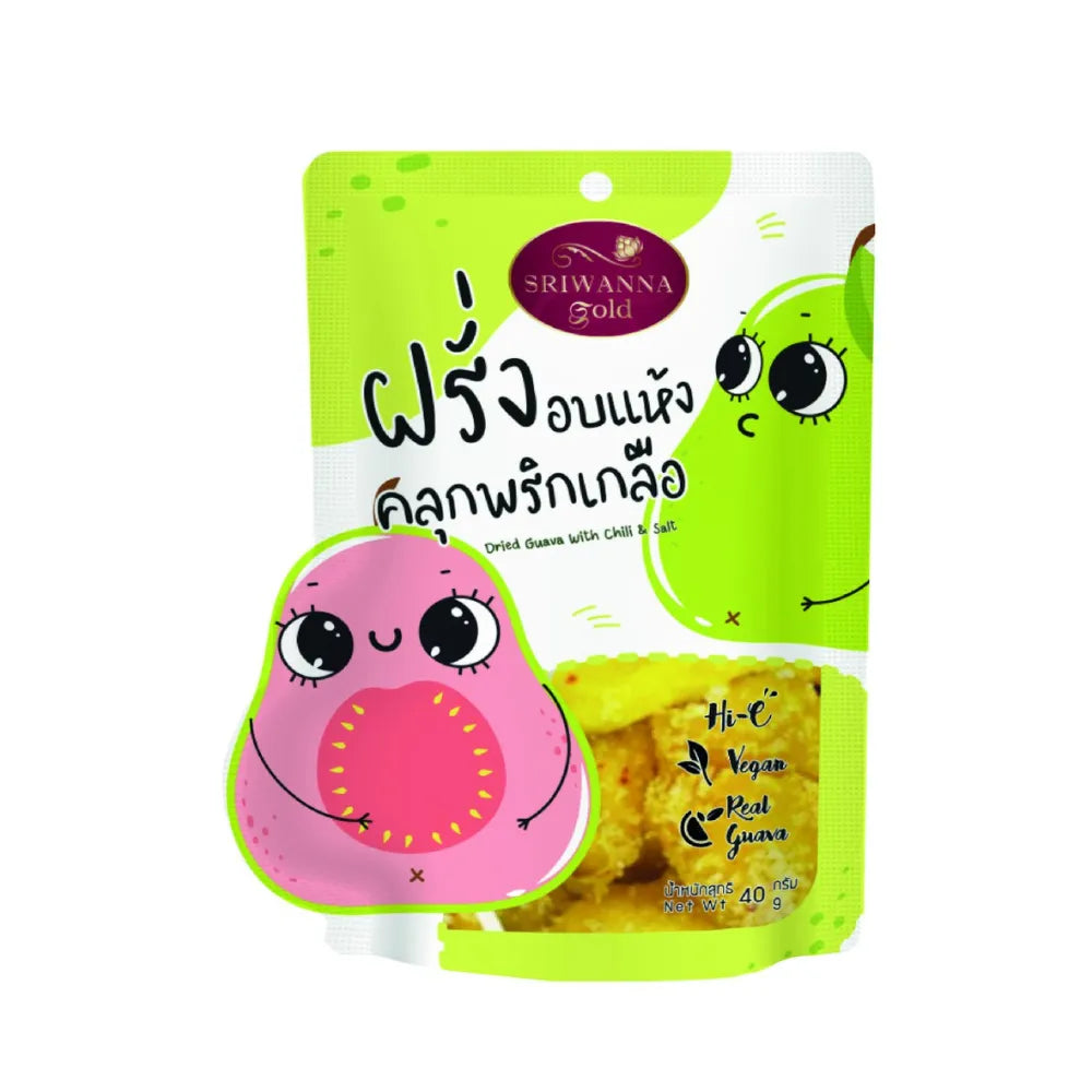 Sriwanna Gold dried guava with chili and salt in 40g pack, spicy and sweet fruit snack from Sriwanna dry grocery product