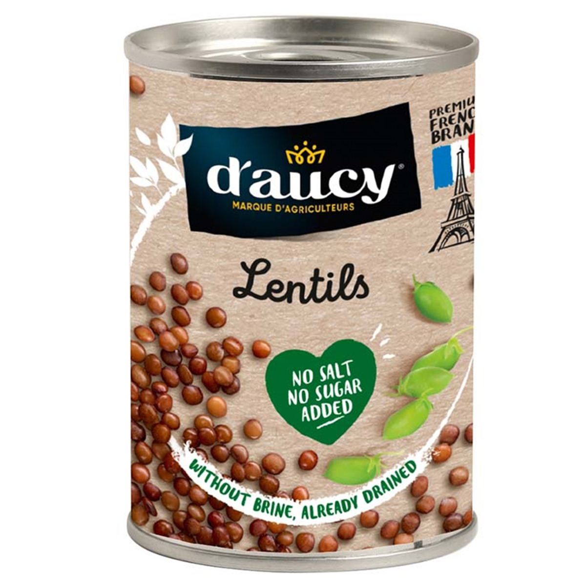 Canned Daucy Lentils in water, ready to use, with a label showing the product name and brand, on a white background.