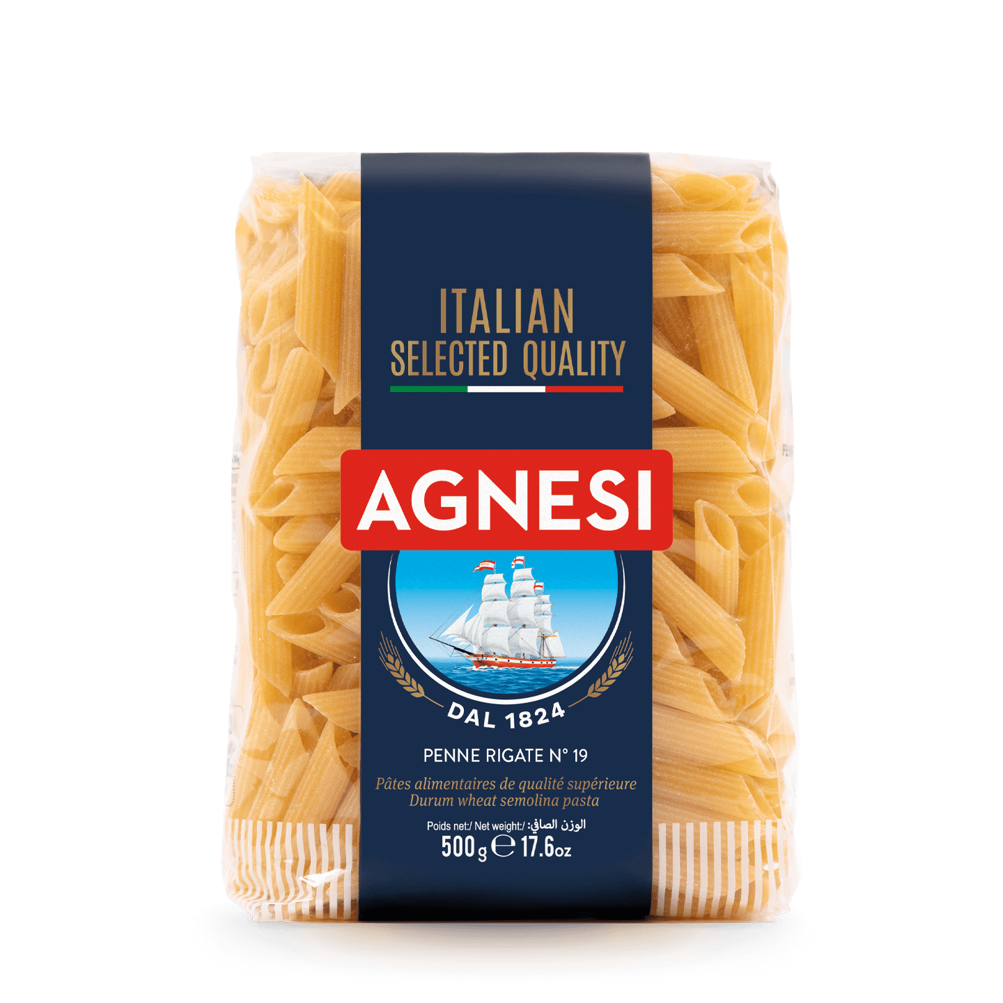 Agnesi Maccheroni Rigati #19 pasta in a grocery store, showing the ridged, tube-shaped Italian pasta brand Agnesi