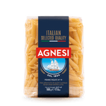 Agnesi Maccheroni Rigati #19 pasta in a grocery store, showing the ridged, tube-shaped Italian pasta brand Agnesi