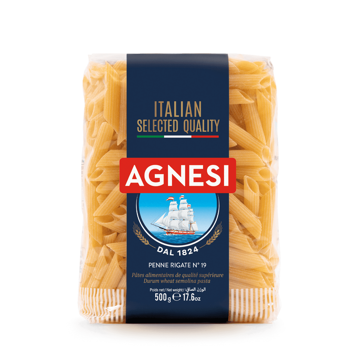 Agnesi Maccheroni Rigati #19 pasta in a grocery store, showing the ridged, tube-shaped Italian pasta brand Agnesi