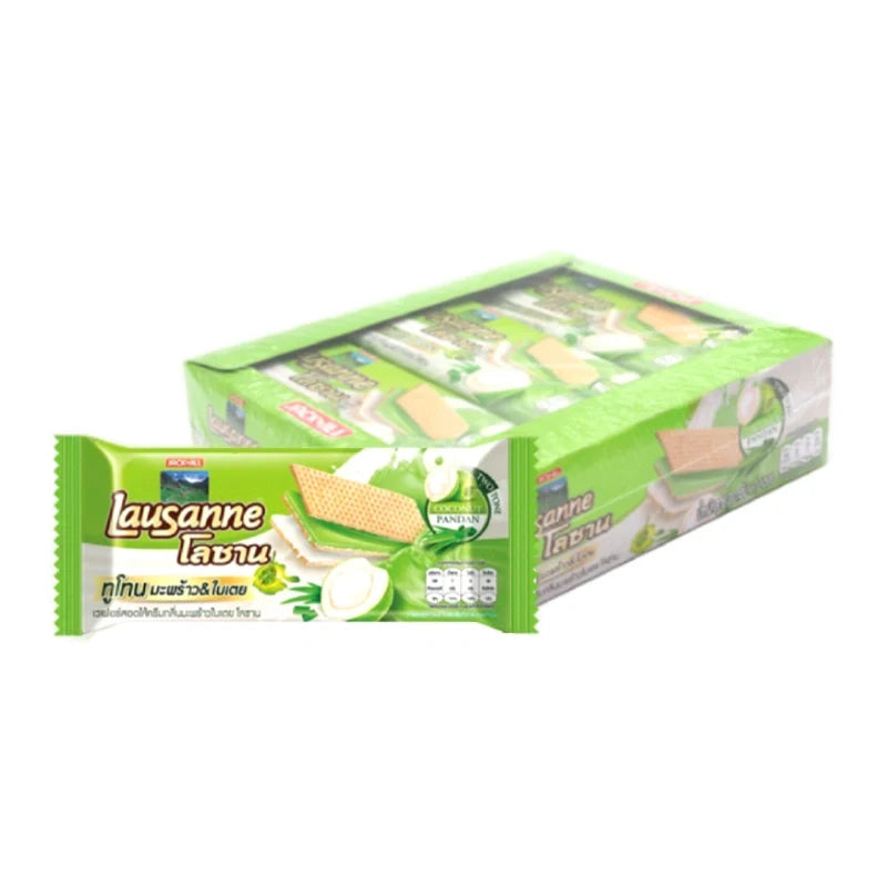 LAUSANNE Lausanne wafer coconut and pandan snacks in 30g packages, dry grocery confectionery, arranged in a box.