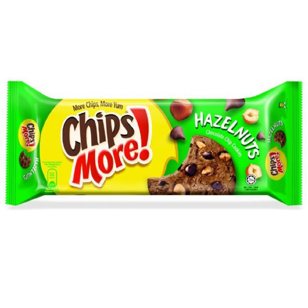 Chips More Hazelnuts Chocolate Chips confectionery snack with crunchy hazelnuts and rich chocolate chips in a close-up view.