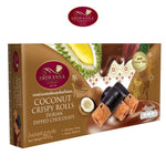 Sriwanna Coconut Crispy Rolls with Durian and Chocolate coating, 60g, snack confectionery with crunchy and creamy textures.