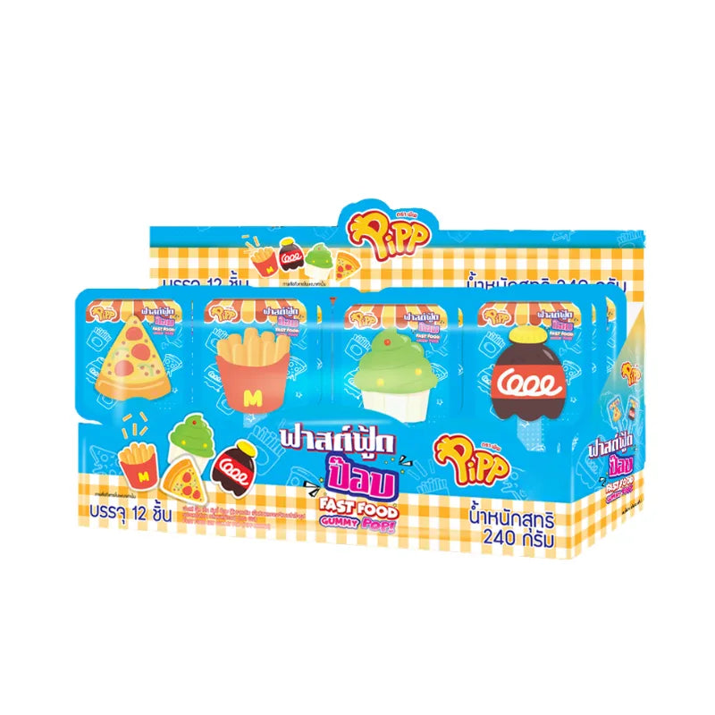 PIPP Pipp Fast Food Gummy Pop snack set with 12 packs of 20g each, colorful gummy candies in a dry grocery snack display.