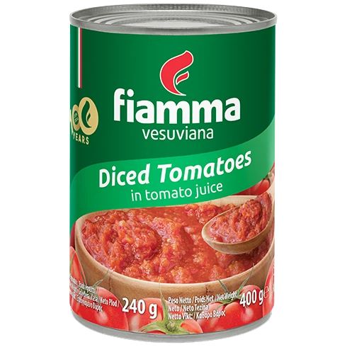 Fiamma Vesuviana diced tomatoes in tomato juice, canned grocery product with diced tomato pieces in red juice