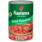 Fiamma Vesuviana diced tomatoes in tomato juice, canned grocery product with diced tomato pieces in red juice