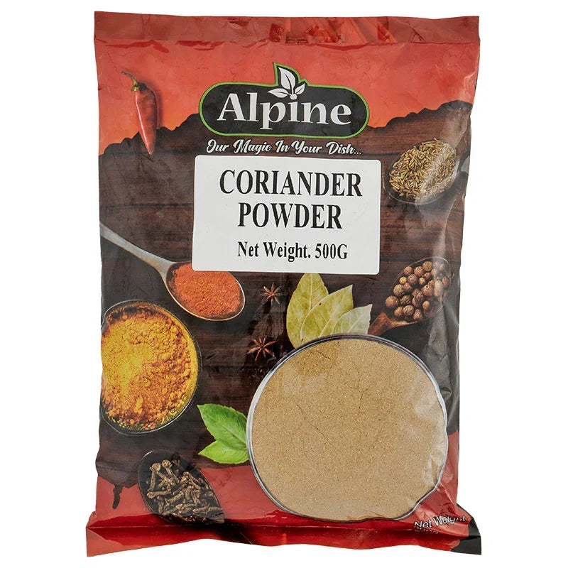 Alpine Coriander Powder 500g in a clear plastic container, used as a dry grocery spice for cooking and flavoring dishes.