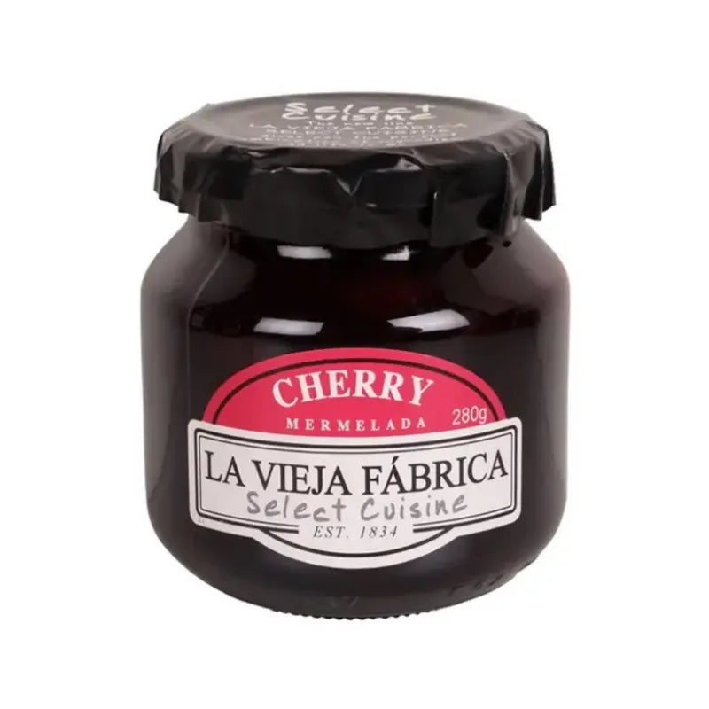 Jar of LA Vieja Fabrica Cherry Mermelada 280g with a label, showcasing the jam's rich cherry preserves in a glass jar.