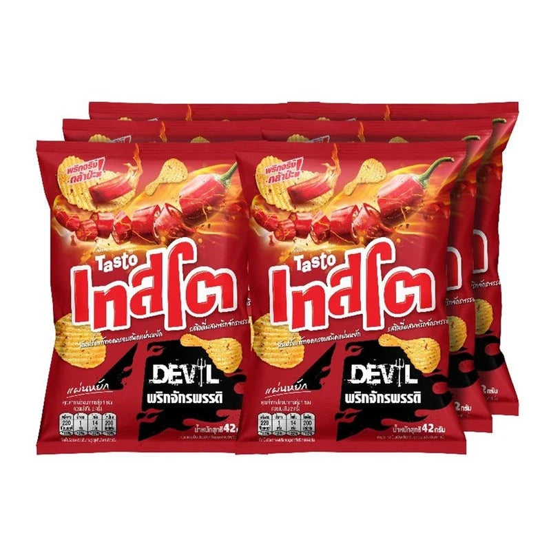 Tasto Crispy Potato Chips Devil Chilli with Emperor Chili, 42g snack bag, crispy spicy snack from Tasto's dry grocery snack collection.