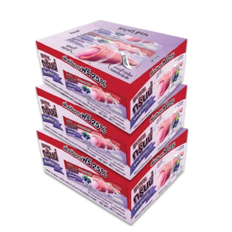 GRINNY Blueberry Coated Snack Filled with Cream, 15g x 3, dry grocery snack with blueberry coating and creamy filling.