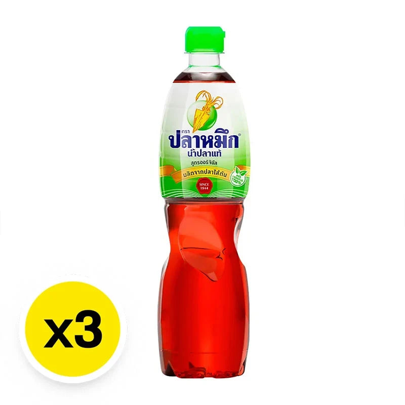 Squid Brand Fish Sauce 700ml bottles, three-pack, traditional Asian condiment for cooking and seasoning.