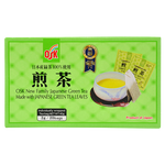 Osk New Family Japanese Green Tea drink in a clear bottle with green tea liquid and label, ready to refresh.