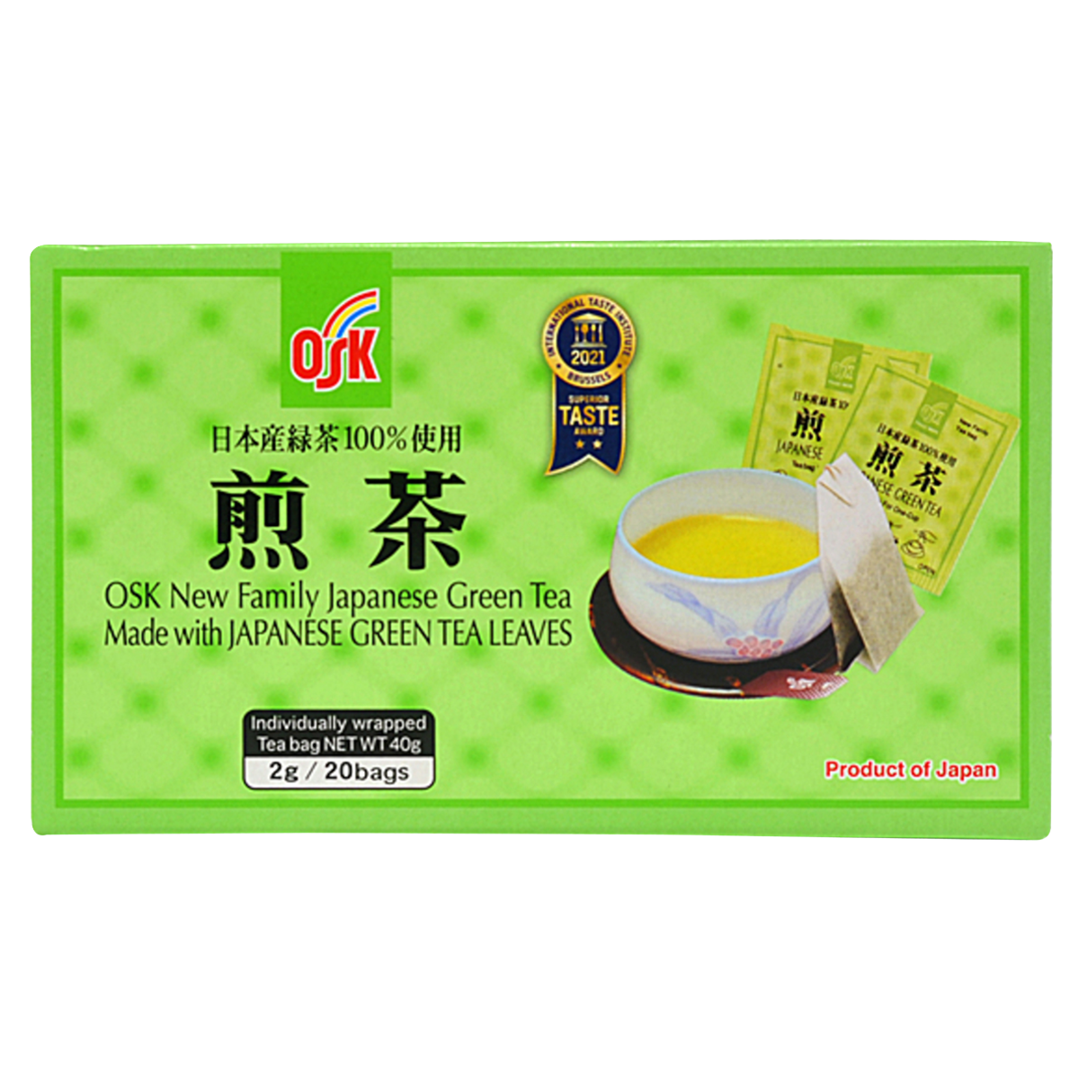 Osk New Family Japanese Green Tea drink in a clear bottle with green tea liquid and label, ready to refresh.