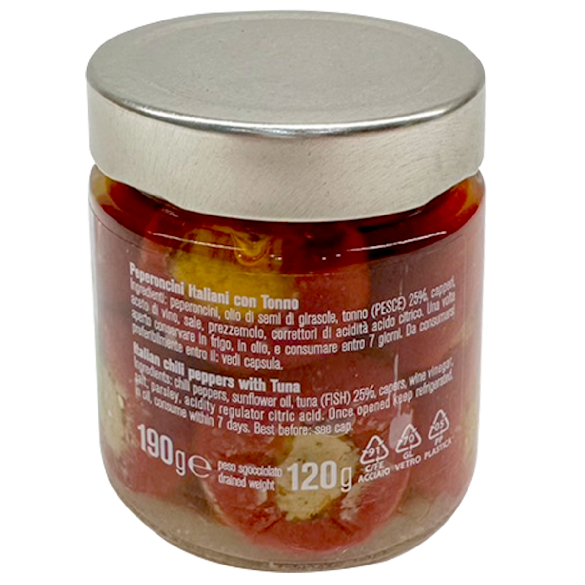 D'Amico chili peppers stuffed with tuna in a jar, ready to serve, featuring vibrant red peppers filled with tuna fish.