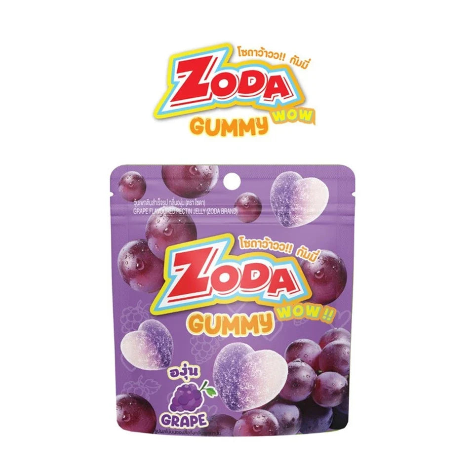 Zoda Wow Gummy Grape Flavor snack in 45g, colorful gummy candies with grape flavor in a clear packaging.