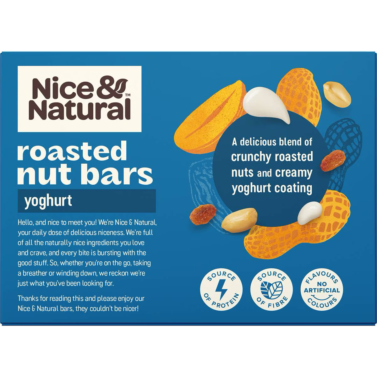 Nice & Natural Roasted Nut Bars with Yoghurt, a wholesome grocery snack featuring crunchy nuts and creamy yoghurt coating.