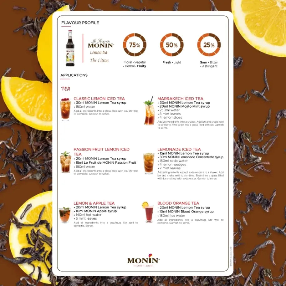 Bottle of Monin Lemon Tea Syrup in 700ml size, used for flavoring beverages, with a yellow lemon and tea leaves on the label.