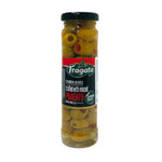 Fragata stuffed Manzanilla olives in 142g package, dry grocery product with green olives filled with stuffing