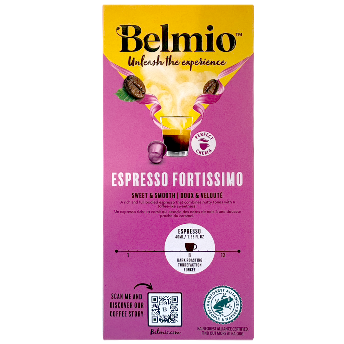 Belmio Espresso Fortissimo drink capsules, 10-pack, showing black capsules with brand and product labeling for rich espresso flavor.