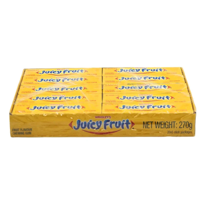 Wrigley's Juicyfruit gum pack with 20 pieces, 13.5g each, showing colorful gum packaging and individual gum pieces.