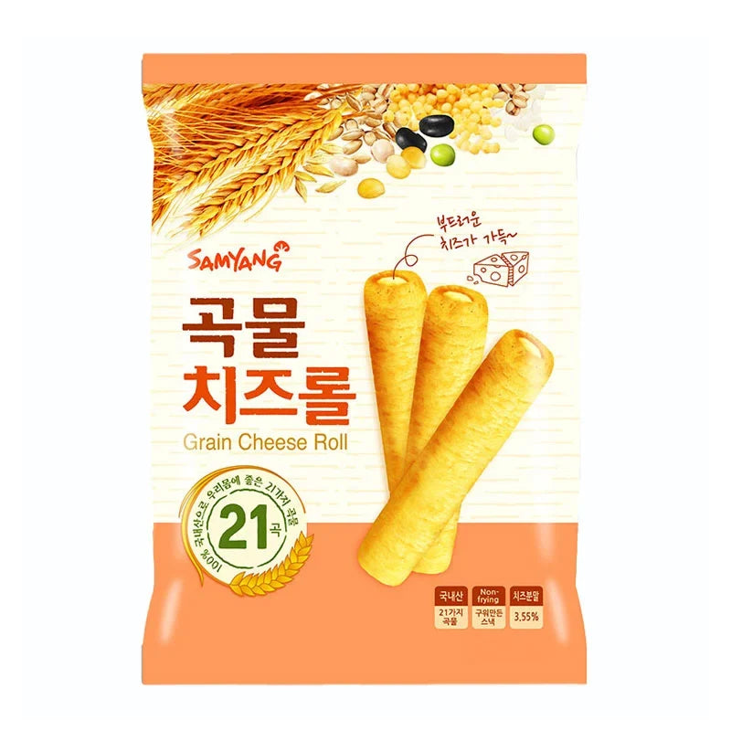 Samyang Grain Cheese Roll snack, 80g, showing crispy cheese-filled snack with textured grain exterior