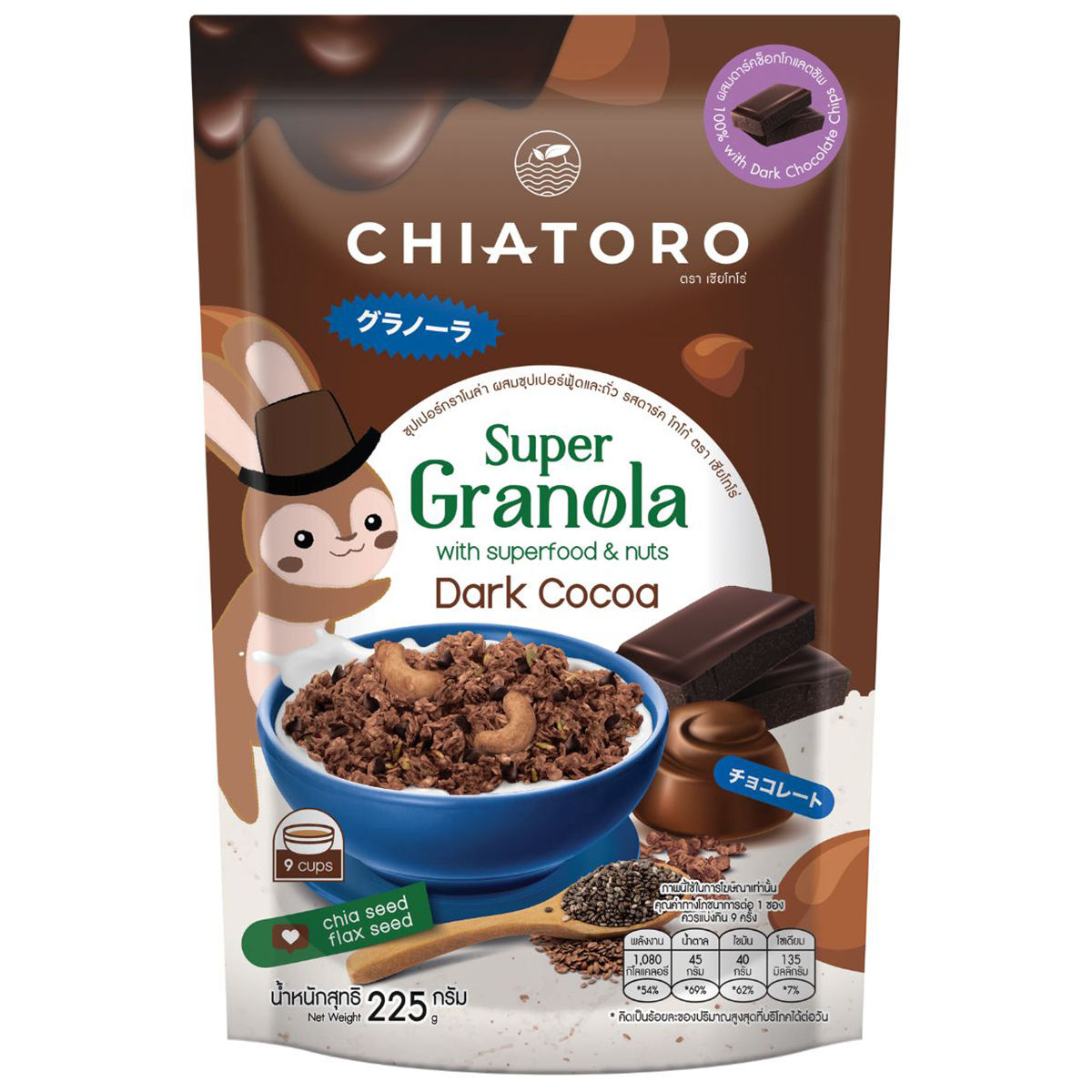Chiatoro Super Granola with Dark Cocoa in a resealable bag, showcasing crunchy granola clusters and dark chocolate flavor.