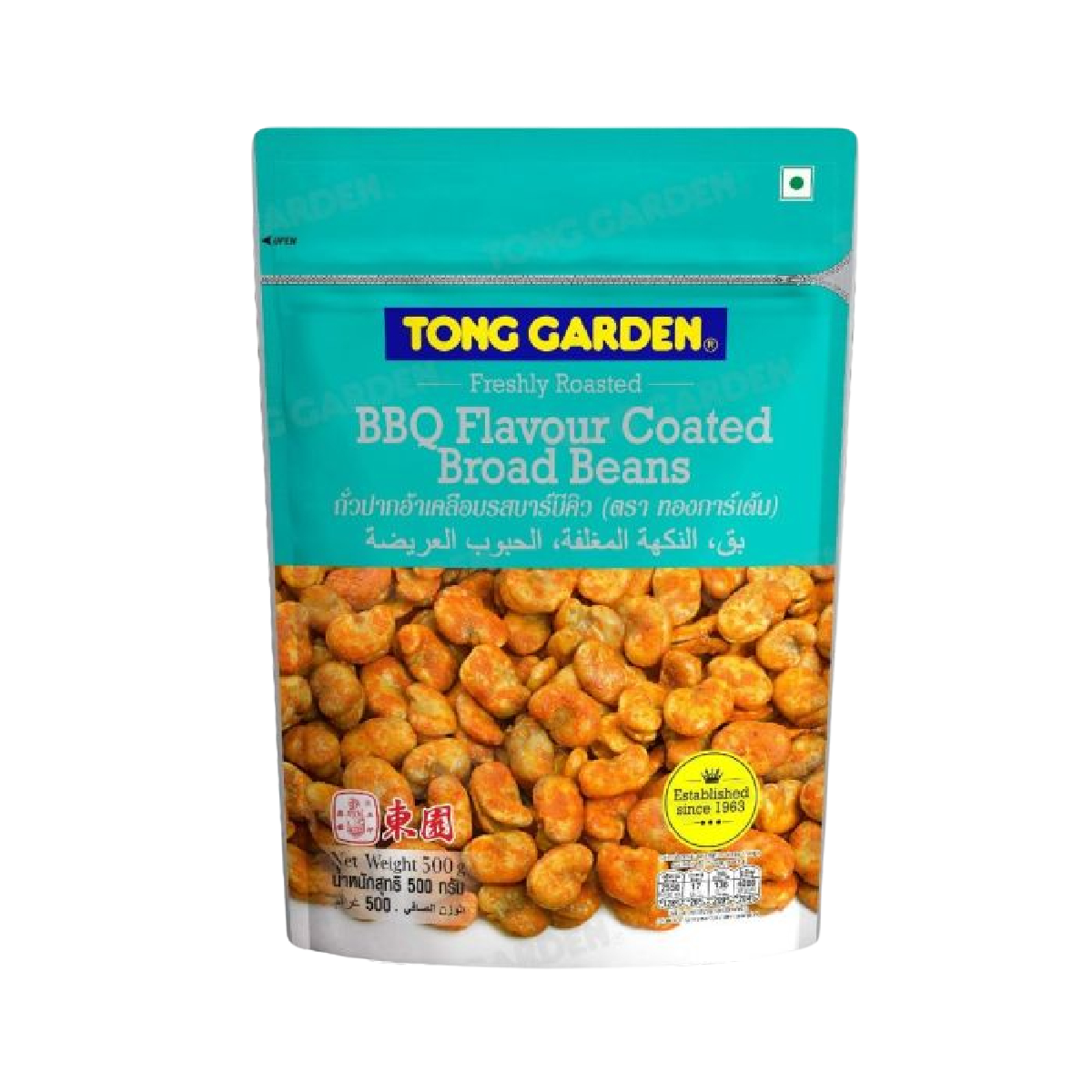 Tong Garden BBQ coated beans, a crunchy confectionery snack with a savory barbecue flavor, shown in a close-up image.