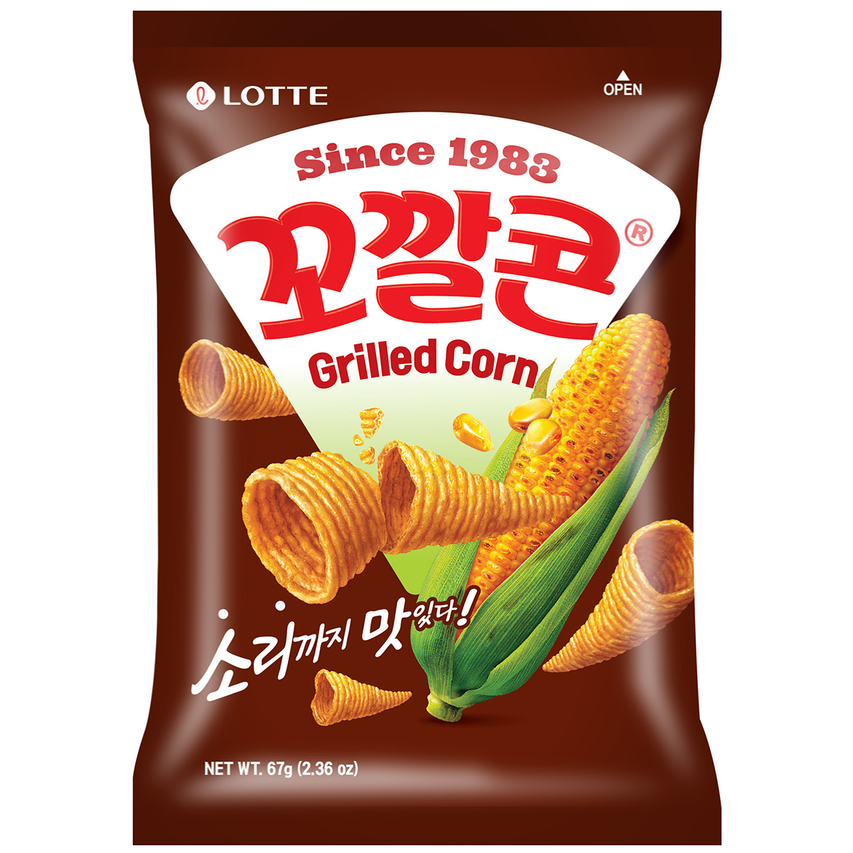 Lotte Corn Snack grilled corn, a crunchy confectionery snack with a golden-brown appearance and textured surface.