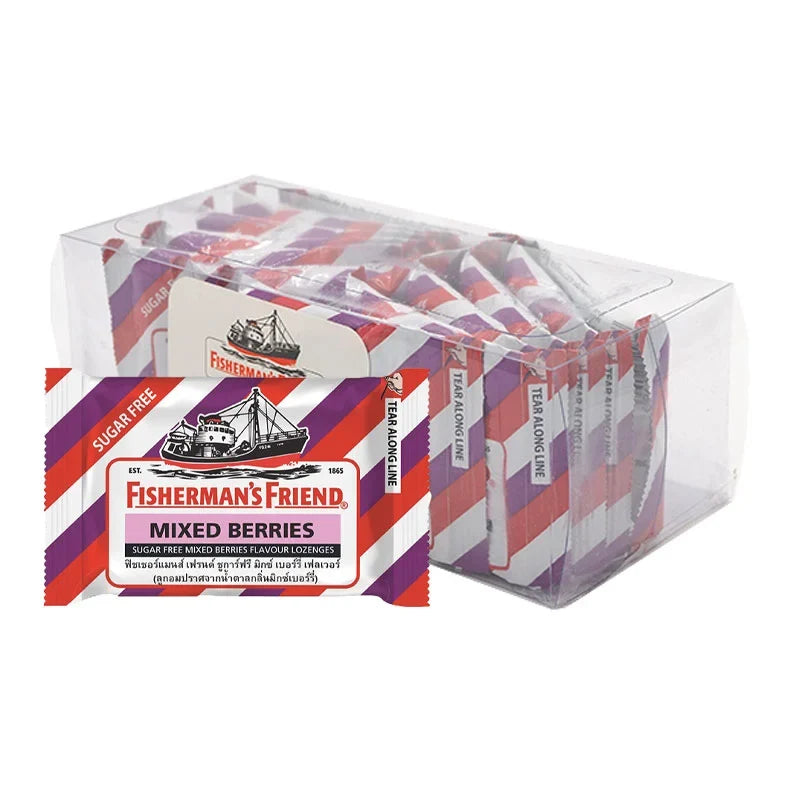 Fisherman's Friend sugar-free lozenges with mixed berry flavor in a pack of 12, suitable for dry grocery and snack options.