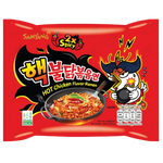 Samyang Extreme Hot Chicken spicy instant ramen noodles in a bowl with bright red sauce and noodles, ready to eat.