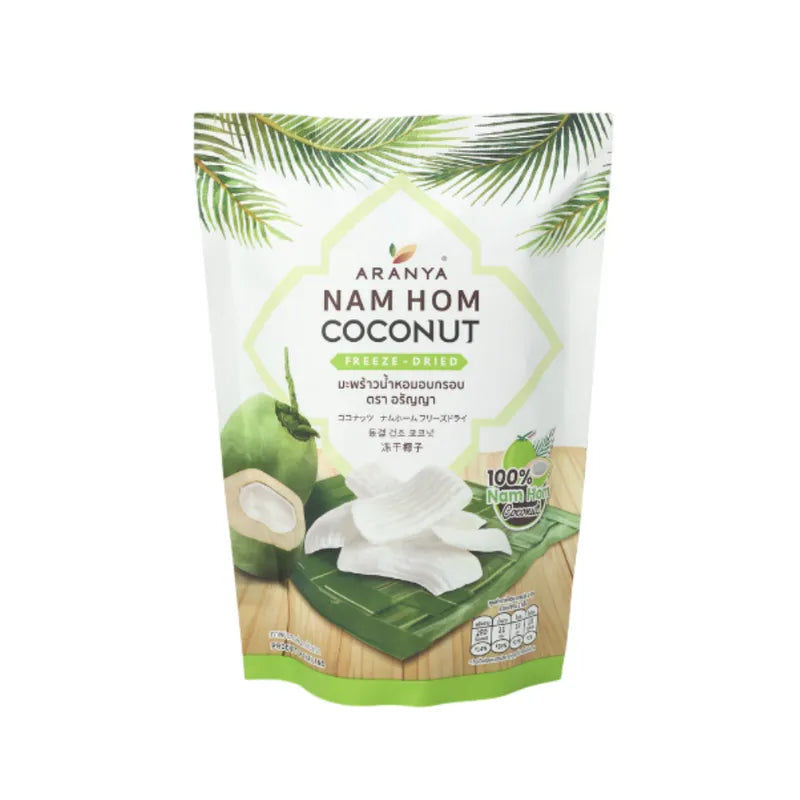 ARANYA Coconut Freezedried Snacks, 50g, in a clear package showing crunchy coconut pieces and branding details.