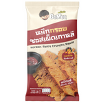 Gomuc Korean spicy crunchy squid snack in a clear package, showing crispy squid pieces with red spicy seasoning.