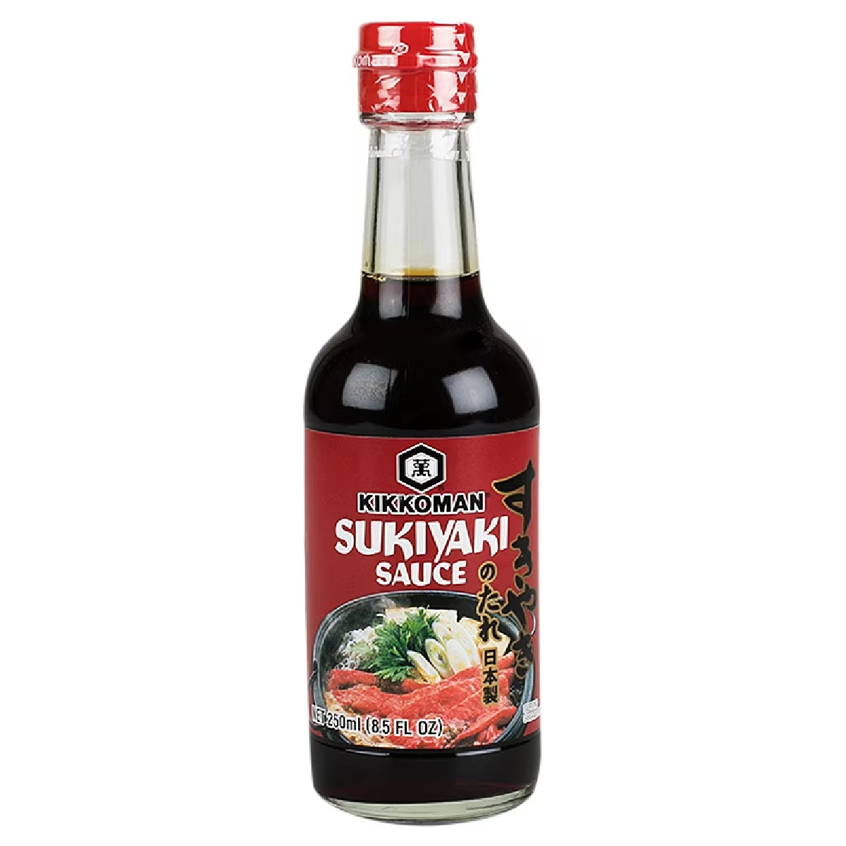 Kikkoman Sukiyaki Sauce bottle for Japanese cooking, featuring label and cap, on a neutral background.