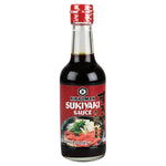 Kikkoman Sukiyaki Sauce bottle for Japanese cooking, featuring label and cap, on a neutral background.