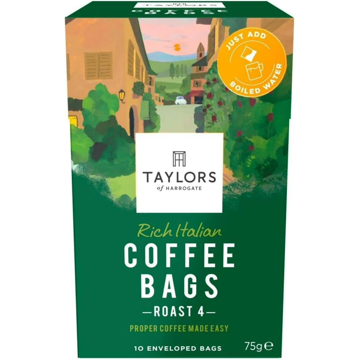 Taylors Rich Italian Roasted Coffee drink in a glass, showcasing dark roasted coffee with a rich, aromatic appearance.