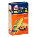 Print Albert yellow cornmeal in a grocery bag, showing bright yellow color and textured surface of the cornmeal product.