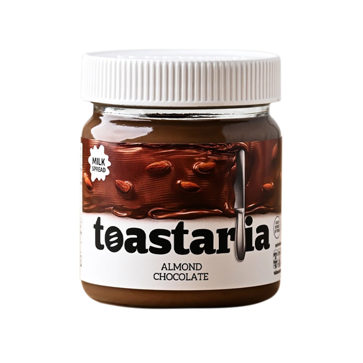 Toastaria almond chocolate spread jar with a spoon, showcasing creamy texture and rich chocolate and almond ingredients.