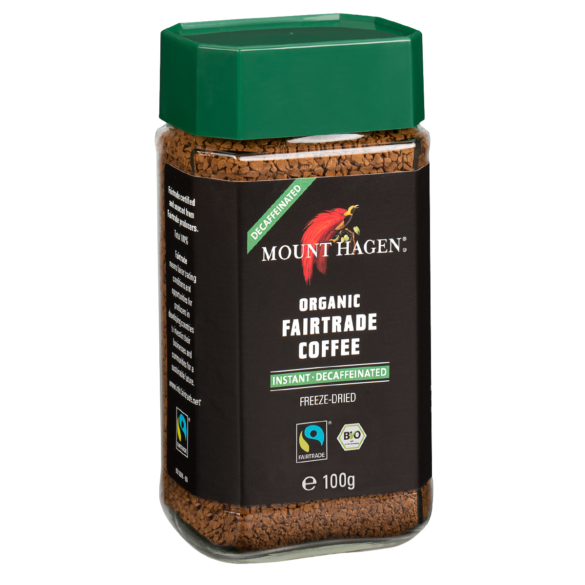 Mount Hagen Decaffeinated Organic Fairtrade coffee drink in a cup, featuring rich coffee color and branding on the packaging.