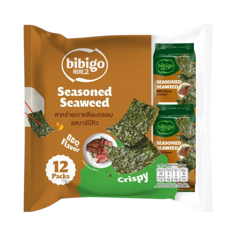 BIBIGO Bibigo seasoned seaweed snack with BBQ flavor in 48g package, crispy and savory snack for seafood lovers.