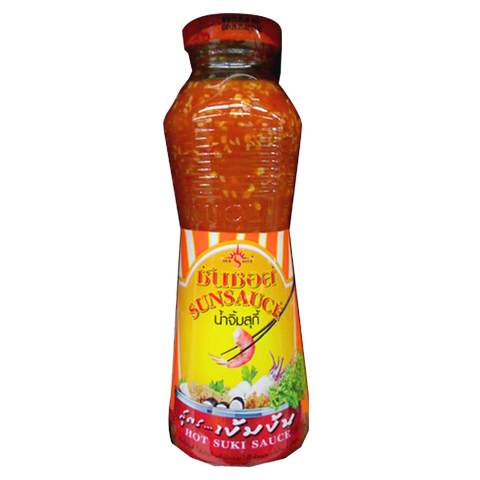 Sun Sauce Hot Suki Sauce bottle for grocery use, featuring bright label and spicy hot sauce inside.