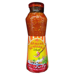 Sun Sauce Hot Suki Sauce bottle for grocery use, featuring bright label and spicy hot sauce inside.