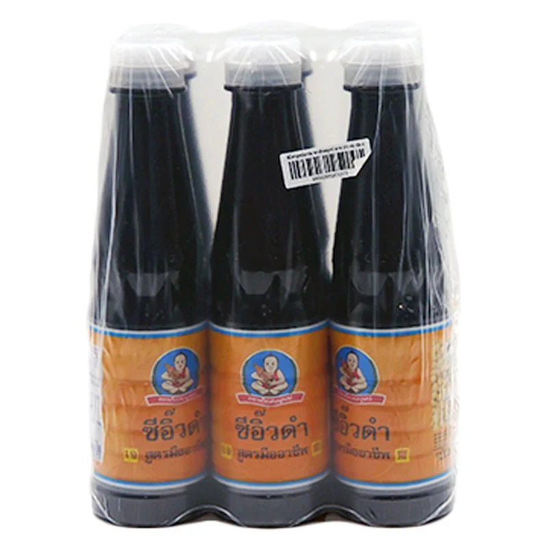 DEK SOM Boon Black Soy Sauce in 370ml bottles, six-pack, popular dry grocery condiment with rich flavor and dark color.
