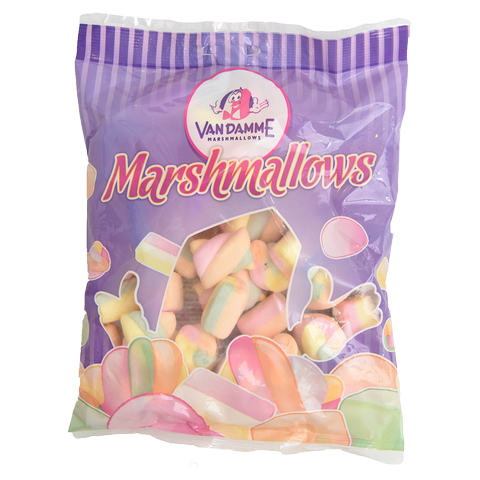 Van Damme Marshmallow Mix with four colorful marshmallow candies in various bright colors, confectionery snacks for snacking or decorating.