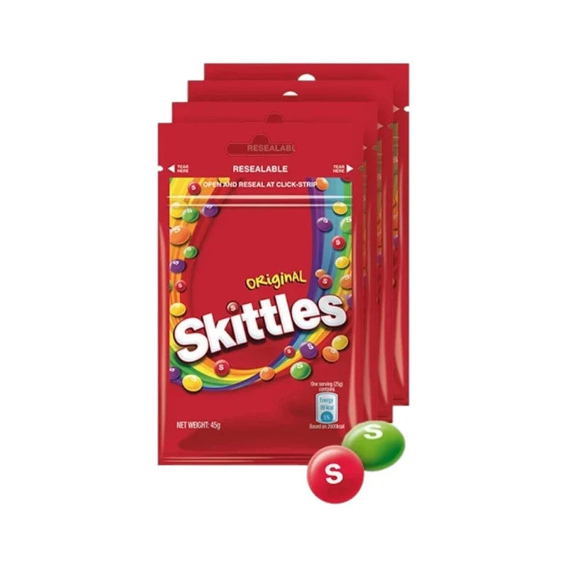 Assorted Skittles chewy candy in a 45g ziplock bag, mixed fruit flavor, displayed in a clear resealable bag.
