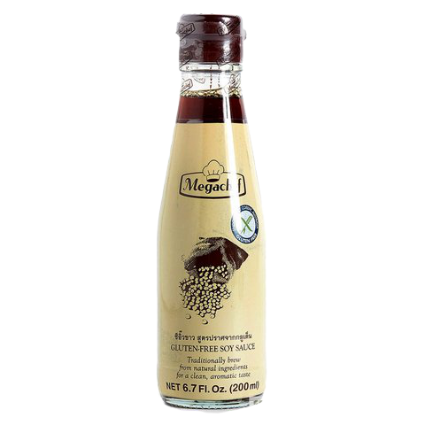Bottle of Megachef soy sauce, healthy grocery product with dark, savory liquid in a clear glass bottle with a white cap.