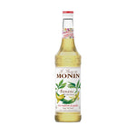 Monin Yellow Banana Syrup 700ml bottle, ideal for cocktails and desserts, featuring bright yellow label and clear plastic bottle.