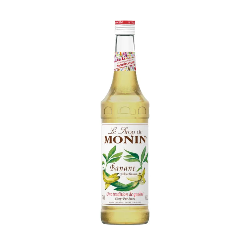 Monin Yellow Banana Syrup 700ml bottle, ideal for cocktails and desserts, featuring bright yellow label and clear plastic bottle.